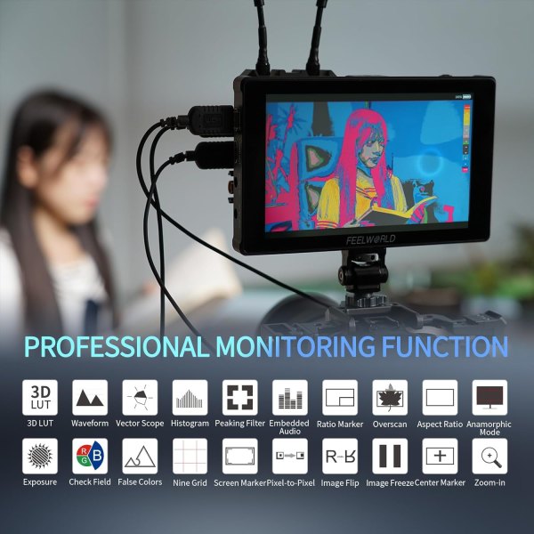 FEELWORLD F7 Plus 7 Inch 1200nit DSLR Camera Field Monitor Touch Screen with 3D LUT HDR Waveform F970 External Power Install Kit 1920x1200 4K 60Hz HDM Pro Videos