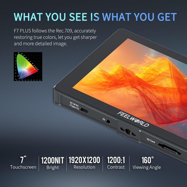 FEELWORLD F7 Plus 7 Inch 1200nit DSLR Camera Field Monitor Touch Screen with 3D LUT HDR Waveform F970 External Power Install Kit 1920x1200 4K 60Hz HDM Pro Videos