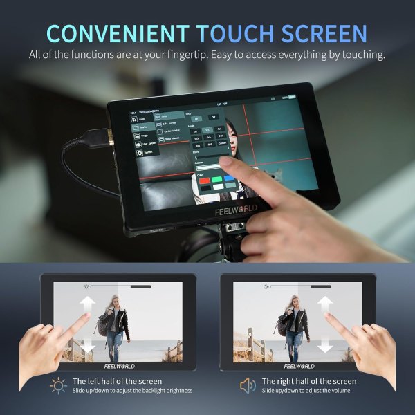 FEELWORLD F7 Plus 7 Inch 1200nit DSLR Camera Field Monitor Touch Screen with 3D LUT HDR Waveform F970 External Power Install Kit 1920x1200 4K 60Hz HDM Pro Videos