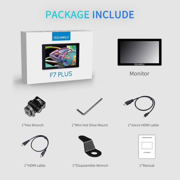 FEELWORLD F7 Plus 7 Inch 1200nit DSLR Camera Field Monitor Touch Screen with 3D LUT HDR Waveform F970 External Power Install Kit 1920x1200 4K 60Hz HDM Pro Videos