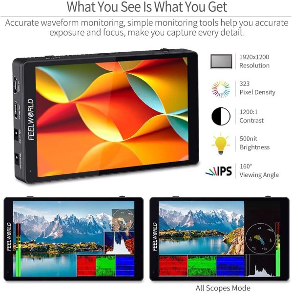 FEELWORLD F7 PRO 7 Inch Touch Screen DSLR Camera Field Monitor with 3D LUT HDR Waveform F970 External Power Install Kit 1920x1200 4K 60Hz HDMI Input O Pro Videos