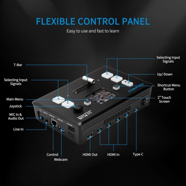 FEELWORLD L1 Plus Multi-Camera Video Mixer Switcher with PTZ Controller, Chroma Key, 4 HDMI Inputs, USB 3.0 Output, 2-Inch Touch Screen, Real-Time Pro Others