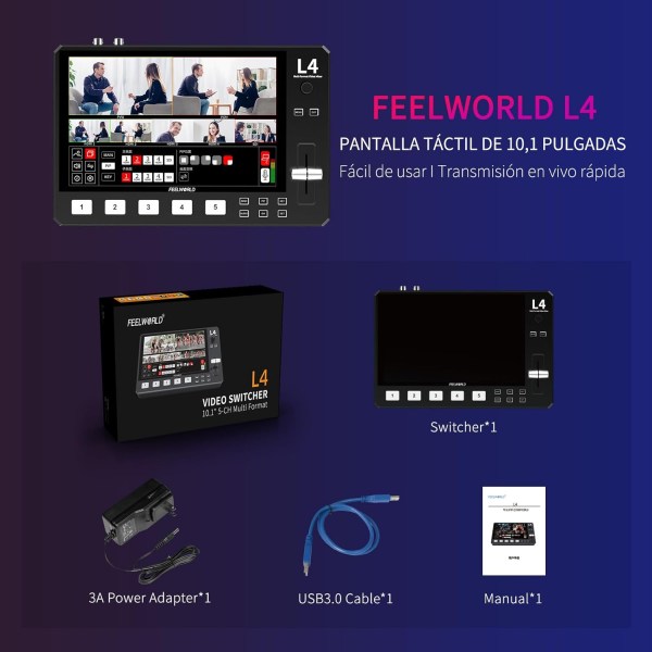 FEELWORLD L4 10.1 Inch Touch Screen Video Switcher with 5 Input Sources PST PGM and Operation Interface Pro Videos