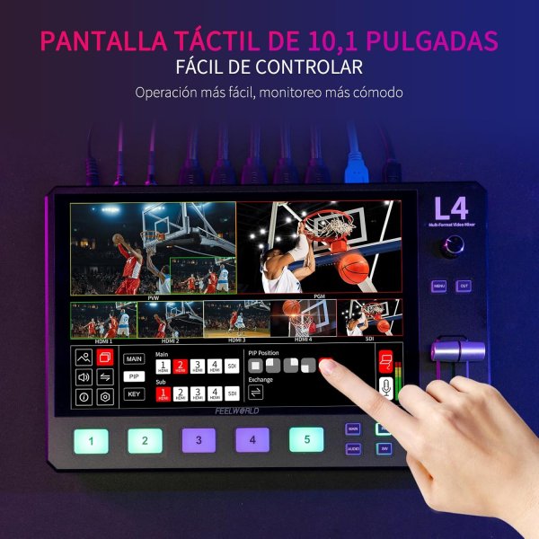 FEELWORLD L4 10.1 Inch Touch Screen Video Switcher with 5 Input Sources PST PGM and Operation Interface Pro Videos