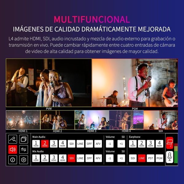 FEELWORLD L4 10.1 Inch Touch Screen Video Switcher with 5 Input Sources PST PGM and Operation Interface Pro Videos