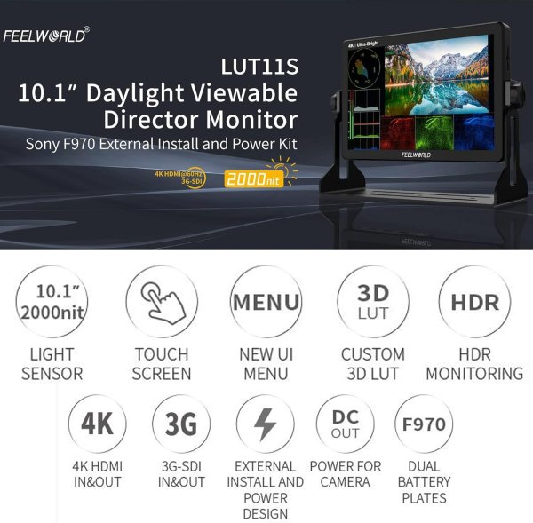 FEELWORLD LUT11S â€“ 10.1 Inch 2000nit Ultra-Bright DSLR Camera Monitor with 3G-SDI, 4K HDMI, and Touchscreen Pro Videos