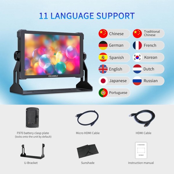 FEELWORLD T10 10.1-Inch Camera Field Monitor with Touchscreen â€“ 4K HDMI 60Hz, 3D LUT, 1920x1080 Resolution, HDR, Waveform, NP-F970 External Installa Pro Videos