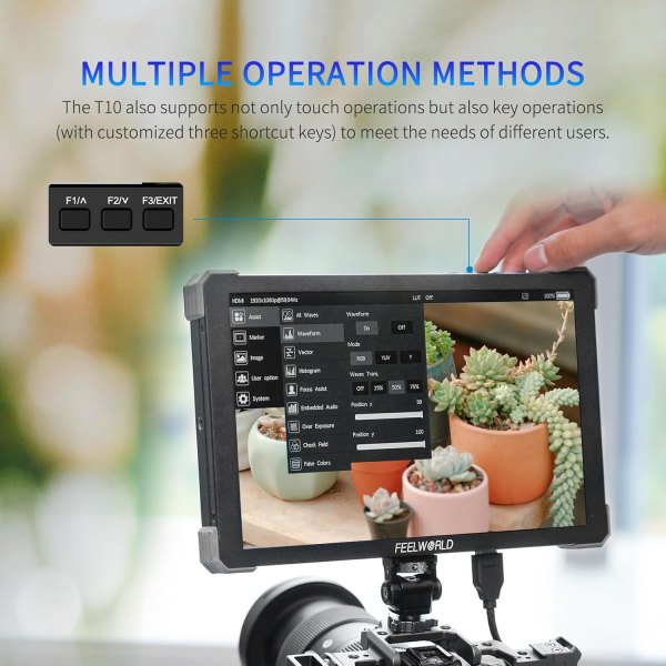 FEELWORLD T10 10.1-Inch Camera Field Monitor with Touchscreen â€“ 4K HDMI 60Hz, 3D LUT, 1920x1080 Resolution, HDR, Waveform, NP-F970 External Installa Pro Videos
