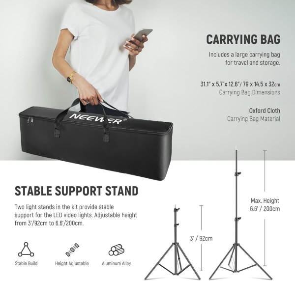 Neewer 2×660 PRO II RGB APP LED Light Kit with 2×200cm Light Stands & Carry Bag – Professional Photography & Video Lighting Lighting