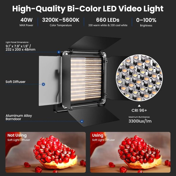 NEEWER 2-Pack Bi-Color 660 LED Video Light Kit with 75-Inch Stands – 3200-5600K CRI 96+ Dimmable Lights with U-Bracket & Barndoors for Studio Photogra Studio Set