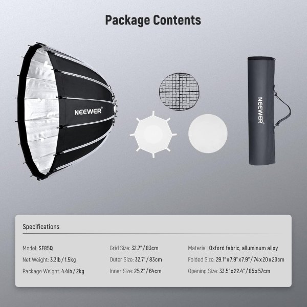 NEEWER 33inch/85cm Parabolic Softbox Quick Set up Quick Folding, with Diffusers/Honeycomb Grid/Bag, Compatible with Aputure 120d Light Dome Godox sl60 SoftBox & Reflectors