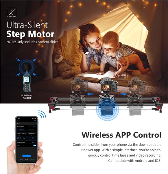 NEEWER 39.4”/100cm Motorized Camera Slider – App Wireless Control Carbon Fiber Dolly Rail, Video, Time Lapse, Horizontal, Tracking & 120° Panoramic Sh Lens & Accessories