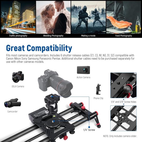 NEEWER 47.2”/120cm Motorized Camera Slider – App Wireless Control Carbon Fiber Dolly Rail, Video, Time Lapse, Horizontal, Tracking & 120° Panoramic Sh Lens & Accessories