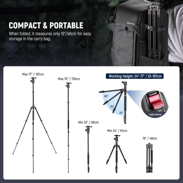 Neewer 77-Inch 2-in-1 Tripod & Monopod – Aluminum Camera Stand with 360° Ball Head, Dual Center Axis, QR Plate, 8kg Load Capacity, Travel-Friendly wit Tripods