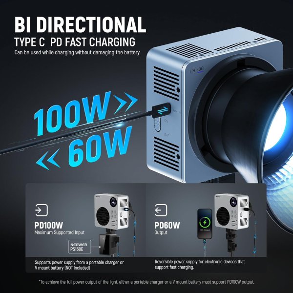 NEEWER 80W RGBWW LED Video Light HB80C – Portable RGB COB Lighting with Battery & APP Control Lighting