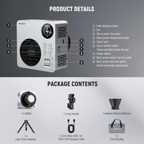 NEEWER 80W RGBWW LED Video Light HB80C – Portable RGB COB Lighting with Battery & APP Control Lighting