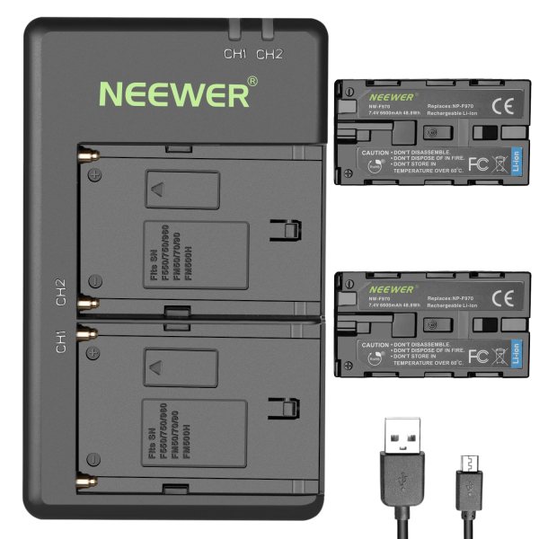 NEEWER Dual USB Fast Charger with 2x 8800mAh NP-F970 Replacement Batteries – Compatible with Sony NP-F970/960/950/930/570/550/530/330 and Sony Handyca Battery & Grip