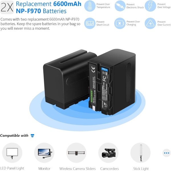 Neewer Fast USB Dual Charger with 2-Pack 8800mAh NP-F970 Replacement Batteries – Compatible with Sony NP-F970, NP-F960, NP-F950, NP-F930, NP-F570, NP- Battery & Grip