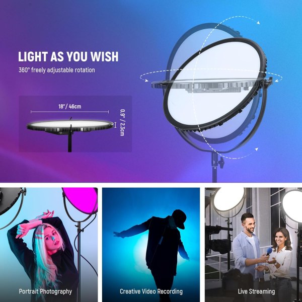 Neewer GR18C RGB Side-Illuminated Round Panel Light – APP-Controlled 18