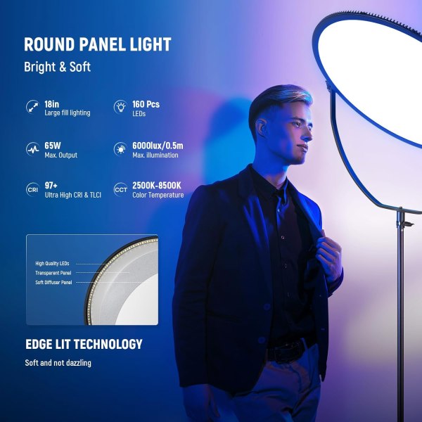 Neewer GR18C RGB Side-Illuminated Round Panel Light – APP-Controlled 18