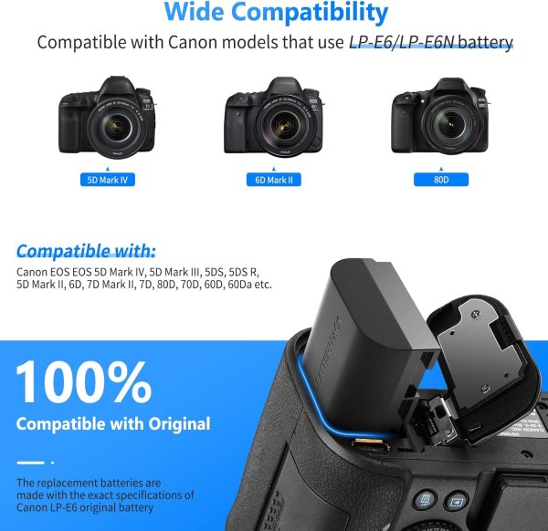NEEWER LP-E6 / LP-E6N Replacement Battery Charging Set for Canon – 2x 2000mAh Rechargeable Batteries + Dual USB Charger Battery & Grip