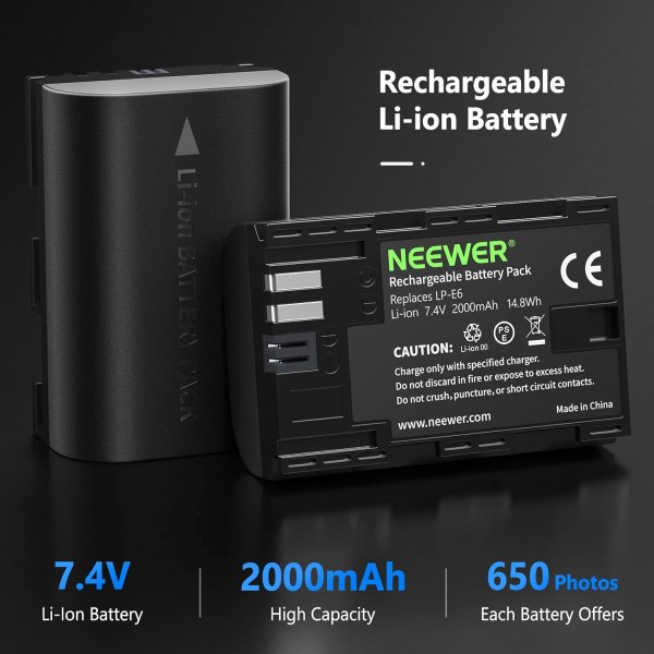 NEEWER LP-E6 / LP-E6N Replacement Battery Charging Set for Canon – 2x 2000mAh Rechargeable Batteries + Dual USB Charger Battery & Grip