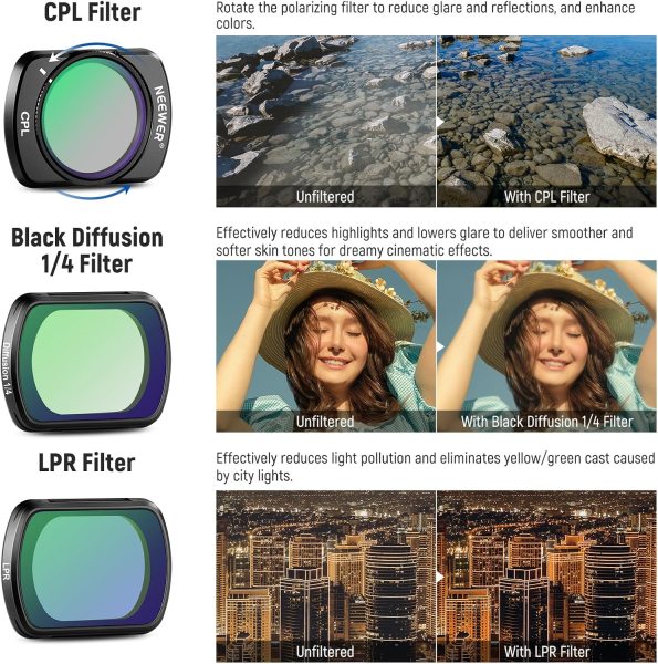NEEWER Magnetic ND & CPL & Effect Filter Set for DJI OSMO Pocket 3 – 14 Pack HD Filters Including CPL, ND8 to ND1000, and Special Effects Lens Close Up & Filters