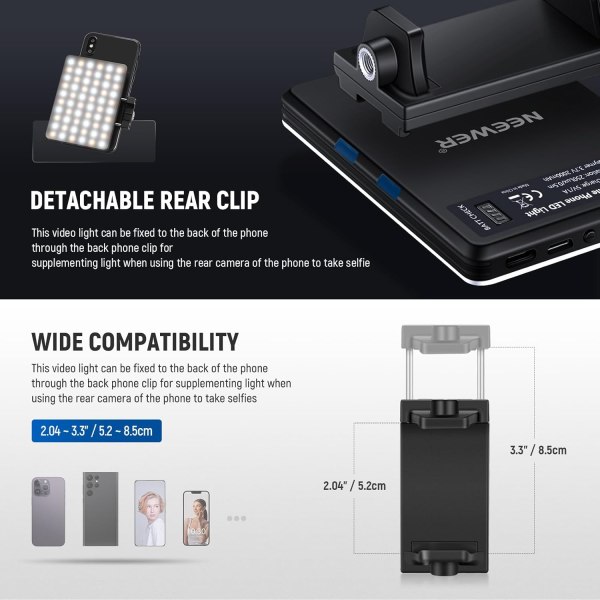 NEEWER NL-60AI Basic Selfie Light – 60 LED Rechargeable Clip-On Light with Front & Back Phone Clip, 3 Light Modes, CRI 95+, Portable for Phone, Tablet Lighting