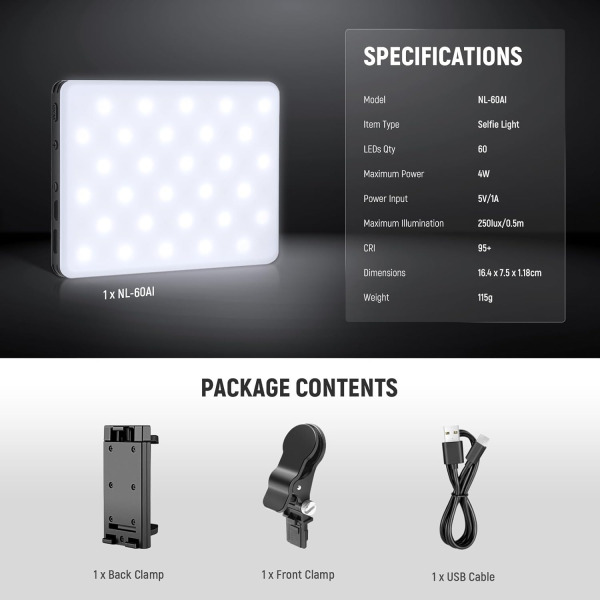 NEEWER NL-60AI Basic Selfie Light – 60 LED Rechargeable Clip-On Light with Front & Back Phone Clip, 3 Light Modes, CRI 95+, Portable for Phone, Tablet Lighting
