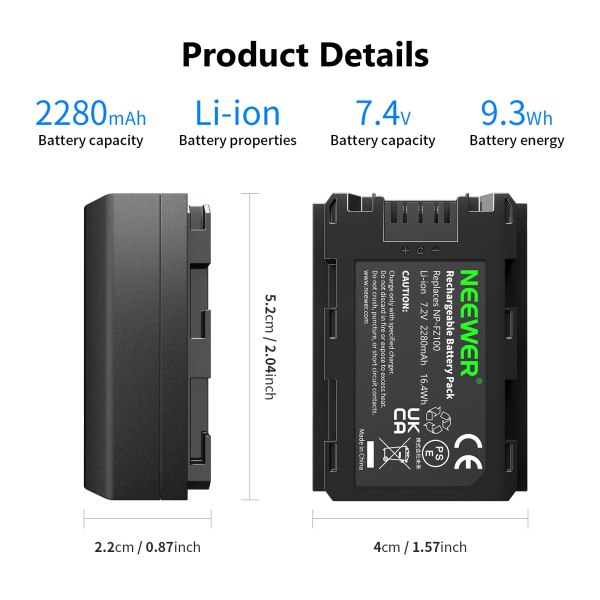 NEEWER NP-FZ100 Sony Replacement Battery – 2280mAh High-Capacity Rechargeable Lithium-Ion Battery for Sony Mirrorless Cameras Battery & Grip