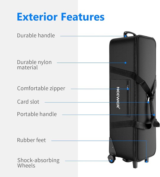 NEEWER Photo Studio Rolling Bag – 40.1”×11.8”×11.8” (102×30×30cm) Trolley Carrying Case with Padded Compartment for Light Stands, Tripods, Strobes, Um Camera Bags