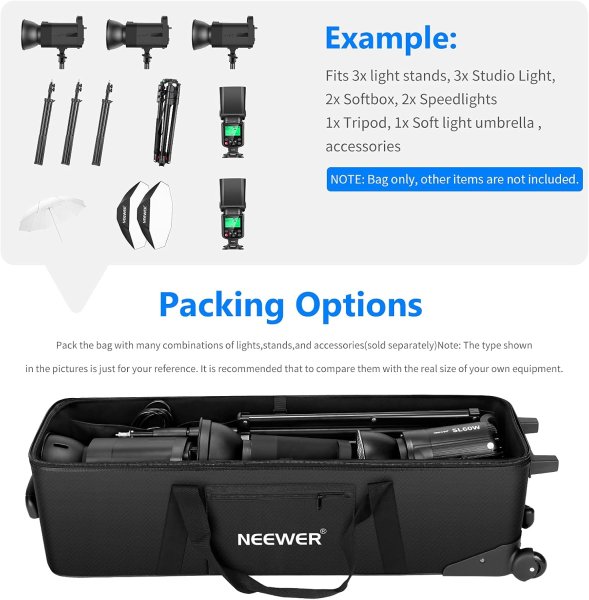 NEEWER Photo Studio Rolling Bag – 40.1”×11.8”×11.8” (102×30×30cm) Trolley Carrying Case with Padded Compartment for Light Stands, Tripods, Strobes, Um Camera Bags