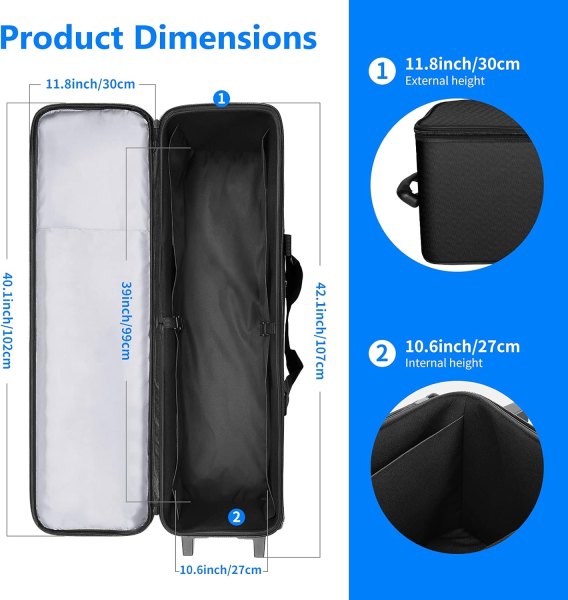 NEEWER Photo Studio Rolling Bag – 40.1”×11.8”×11.8” (102×30×30cm) Trolley Carrying Case with Padded Compartment for Light Stands, Tripods, Strobes, Um Camera Bags
