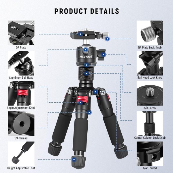 NEEWER Portable Desktop Mini Tripod – Aluminum Alloy 20”/50cm with 360° Ball Head & 1/4” Quick Shoe Plate – Supports DSLR, Mirrorless & Camcorders up  Tripods