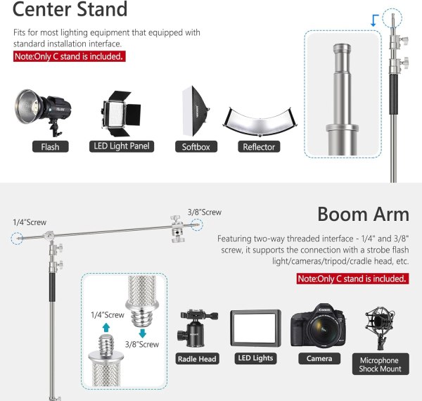 NEEWER Pro 100% Metal C-Stand Light Stand – Adjustable 10.8ft/330cm with Wheels, 4ft/120cm Boom Arm & 3 Pulleys for Photo Studio, Video, Reflectors &  Light Stands