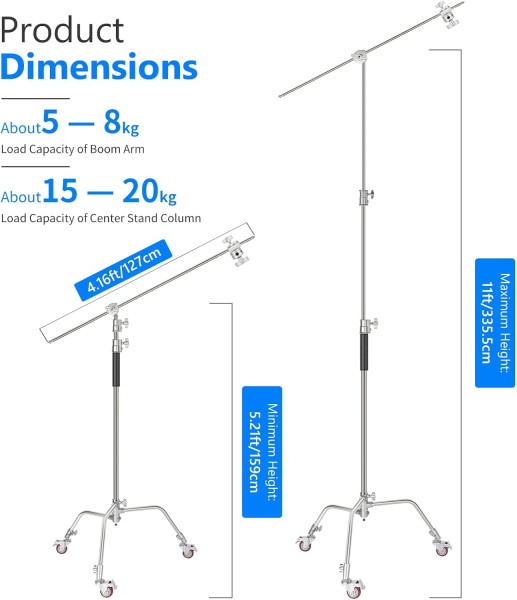 NEEWER Pro 100% Metal C-Stand Light Stand – Adjustable 10.8ft/330cm with Wheels, 4ft/120cm Boom Arm & 3 Pulleys for Photo Studio, Video, Reflectors &  Light Stands