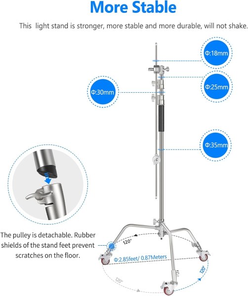 NEEWER Pro 100% Metal C-Stand Light Stand – Adjustable 10.8ft/330cm with Wheels, 4ft/120cm Boom Arm & 3 Pulleys for Photo Studio, Video, Reflectors &  Light Stands