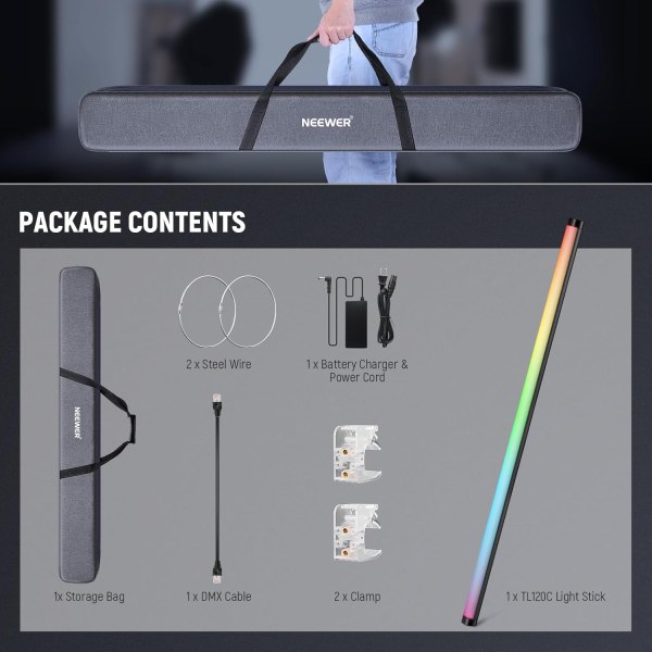 NEEWER TL120C RGB Tube Light – 42W Full Color RGBWW LED Video Light Wand with App/2.4G/DMX Control, 7 Pixel Effects, 18 Scenes, 2500K-10000K, CRI97+,  Lighting