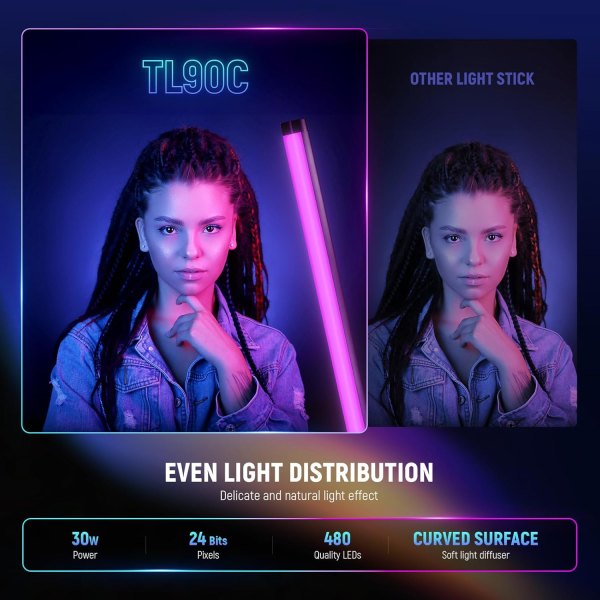 Neewer TL90C RGB Stick Light – Portable APP-Controlled Rechargeable LED Tube for Photography & Video Lighting