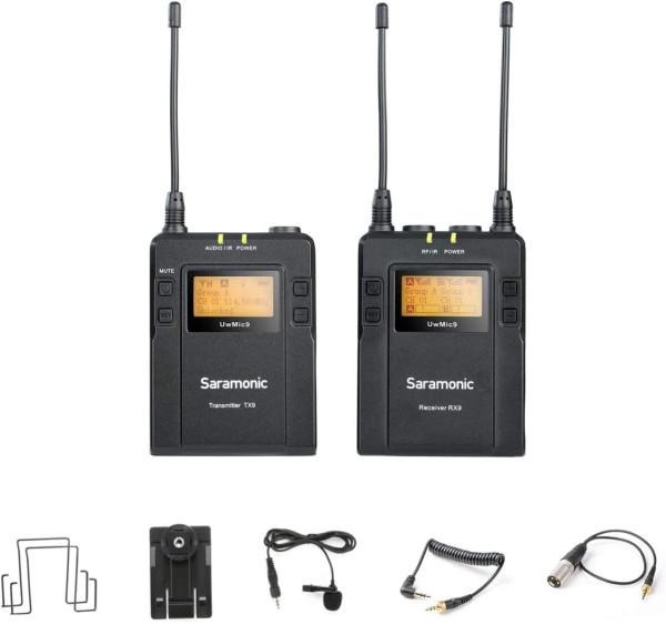 Saramonic UWMIC9 RX9+TX9 UHF Wireless Lavalier Microphone System with Portable Dual Channel Camera Mountable Receiver Black, 1 Bodypack TX + 1 RX Professional Audios