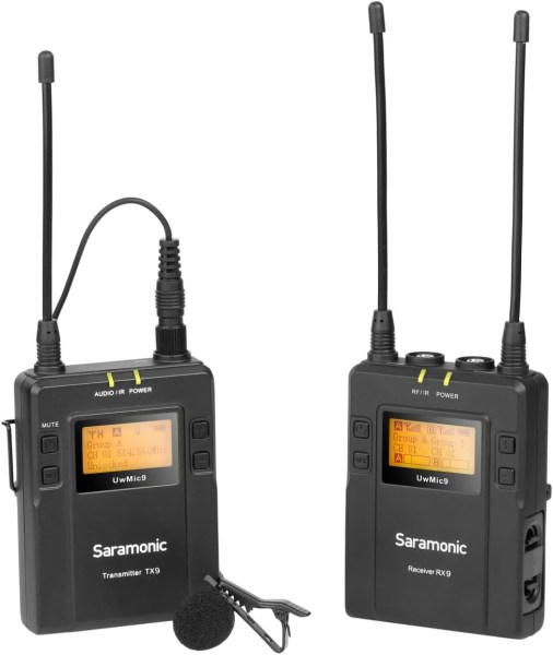 Saramonic UWMIC9 RX9+TX9 UHF Wireless Lavalier Microphone System with Portable Dual Channel Camera Mountable Receiver Black, 1 Bodypack TX + 1 RX Professional Audios