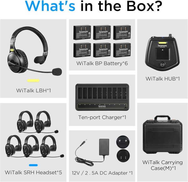 Saramonic WiTalk WT6S Full Duplex Wireless Intercom System for 6 Person Communication, 1 Wired Lightweight Backband Headset & 5 Remote Single Ear Head Professional Audios