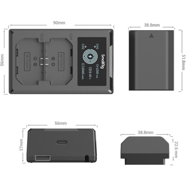 SmallRig NP FZ100 Kit with 2 Batteries and 2 Bay USB Charger Battery & Grip