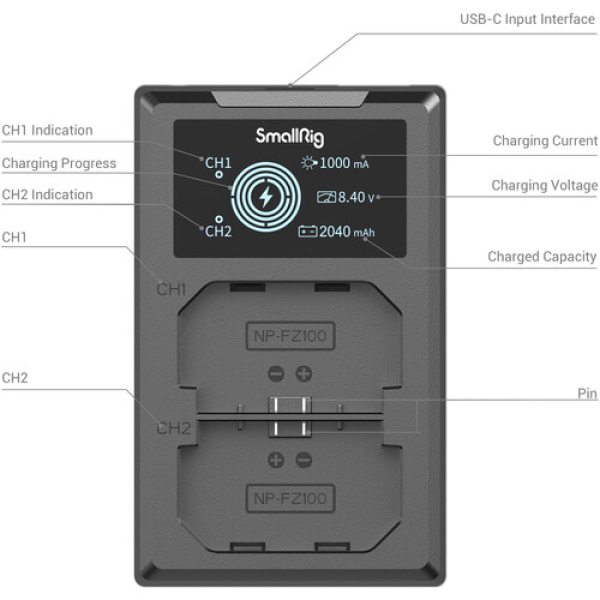 SmallRig NP FZ100 Kit with 2 Batteries and 2 Bay USB Charger Battery & Grip